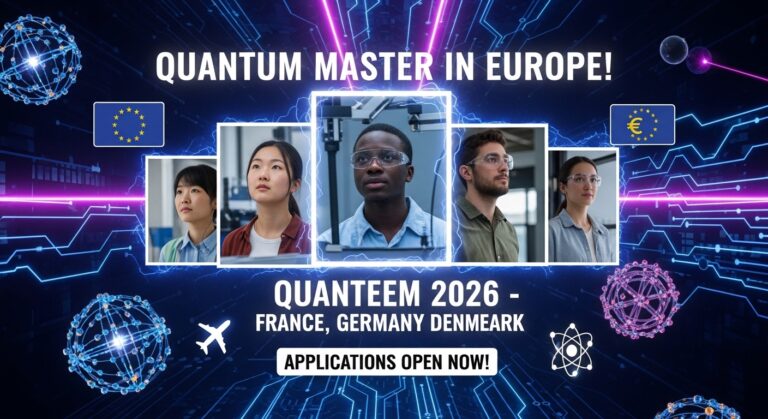 "Create a futuristic YouTube thumbnail with a dark blue and neon purple background showing quantum particles, lasers, and circuit patterns glowing. In the center, feature diverse young international students (Asian, African, European) in lab settings with quantum equipment, looking inspired. Add bold white text with electric glow: 'Quantum Master in Europe!' at the top, 'QuanTEEM 2026 - France, Germany, Denmark' in the middle, and 'Applications Open Now!' at the bottom. Include icons like EU flag, scholarship euro sign, airplane for mobility, and quantum atom symbol. High-tech, exciting style to attract science enthusiasts."